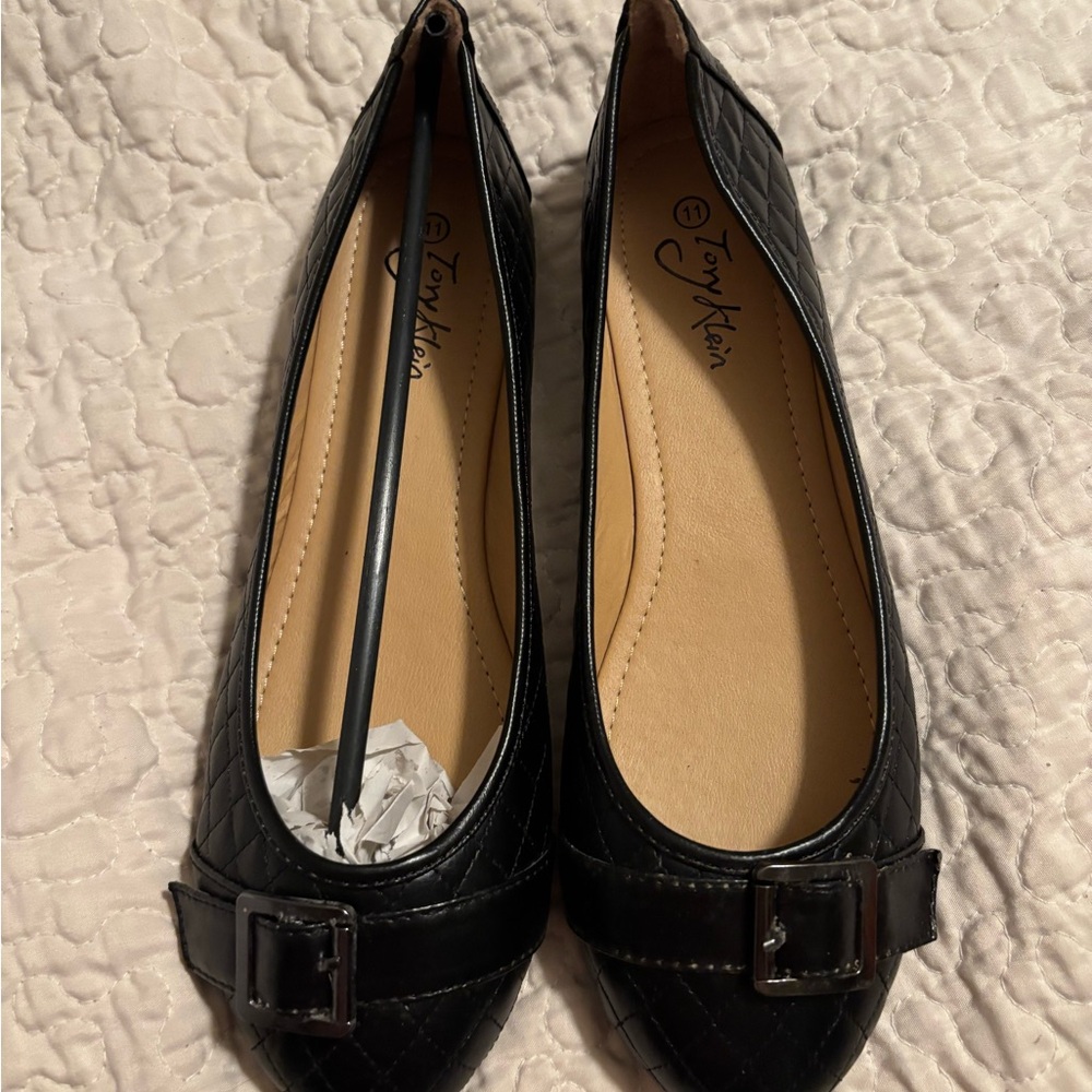 Tory Klein Black Ballet Flats with Decorative Buckle New